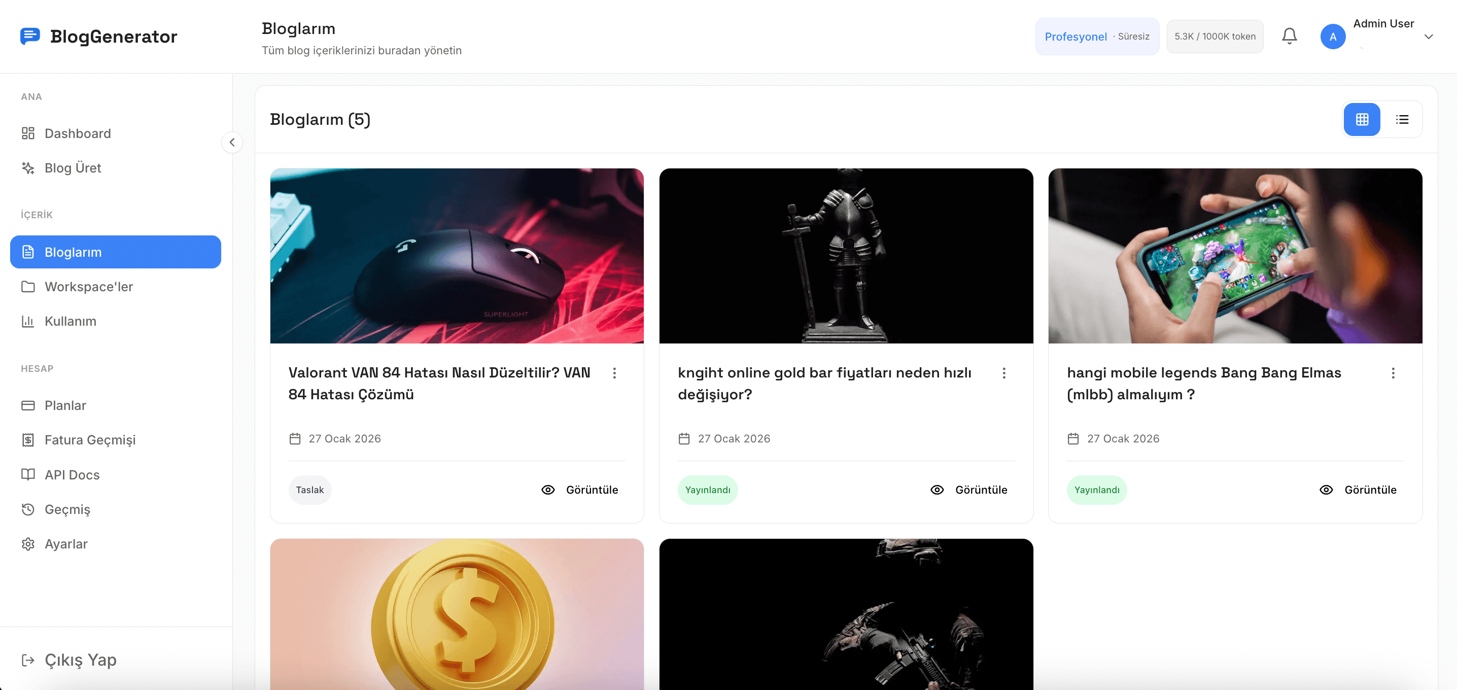 BlogGenerator — Bloglarım sayfası